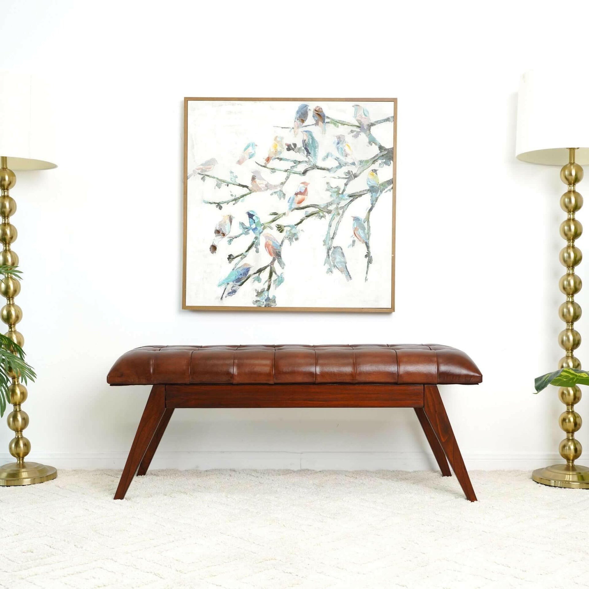 Maja Mid Century Modern Tan Leather Bench.