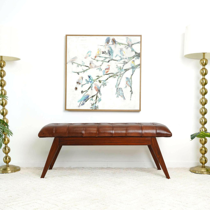 Maja Mid Century Modern Tan Leather Bench.