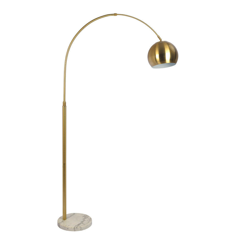 Oasis Long Arm Gold Brass Adjustable Floor Lamp with Round White Marble Base.