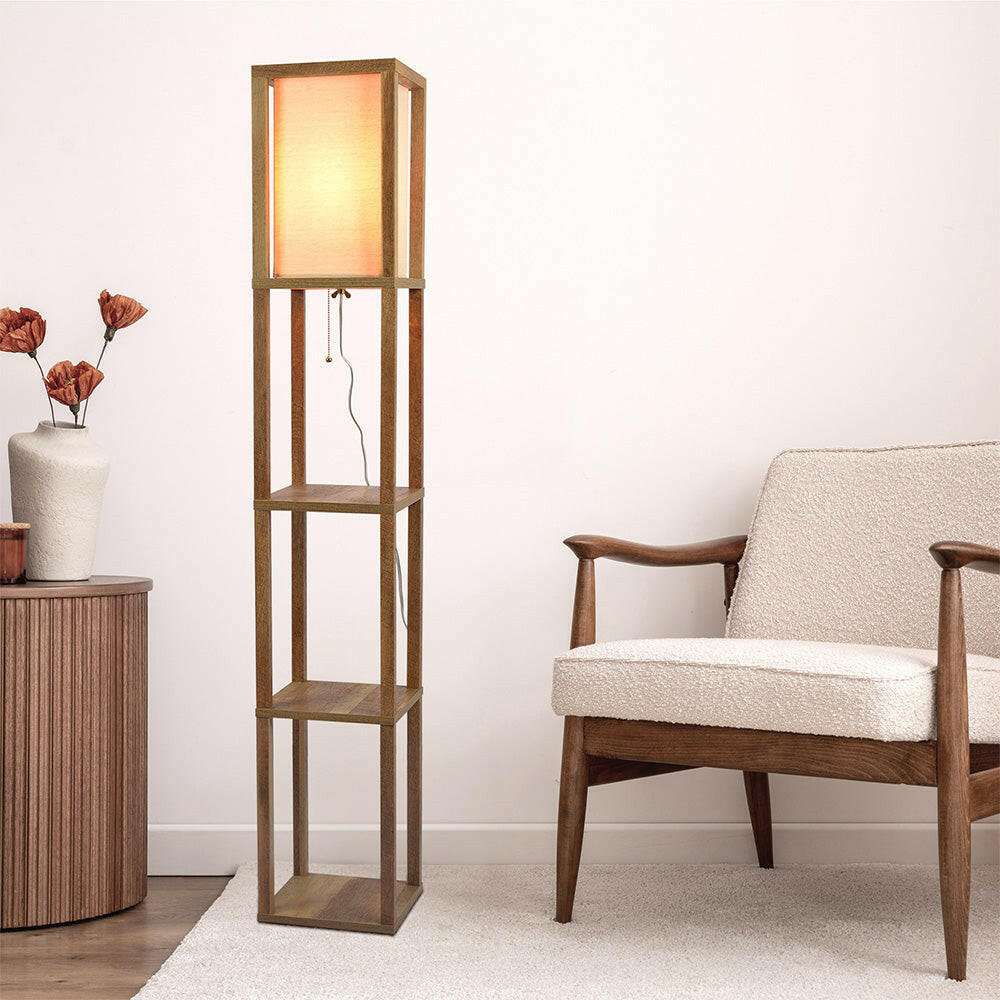 Pinnacle Shelf Floor Lamp For Bedroom/Living Room, Natural Wood with Long Shade.