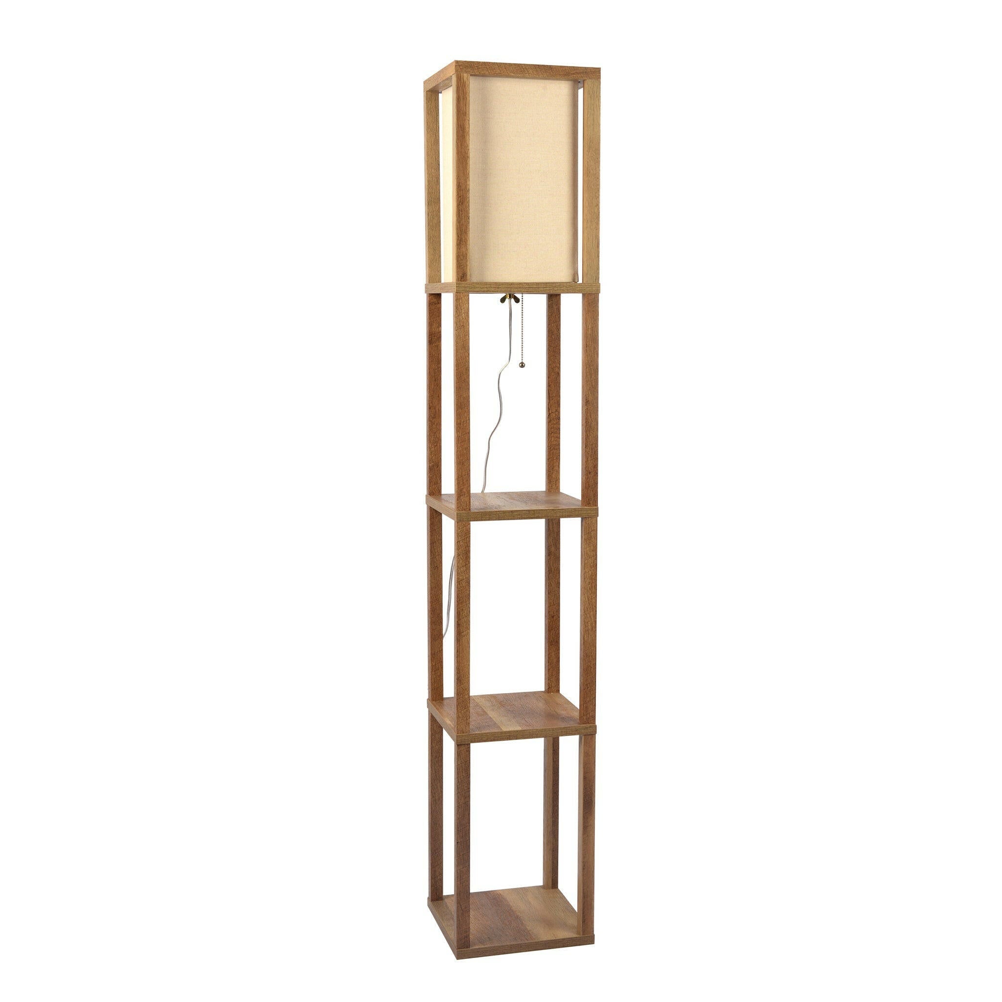 Pinnacle Shelf Floor Lamp For Bedroom/Living Room, Natural Wood with Long Shade.