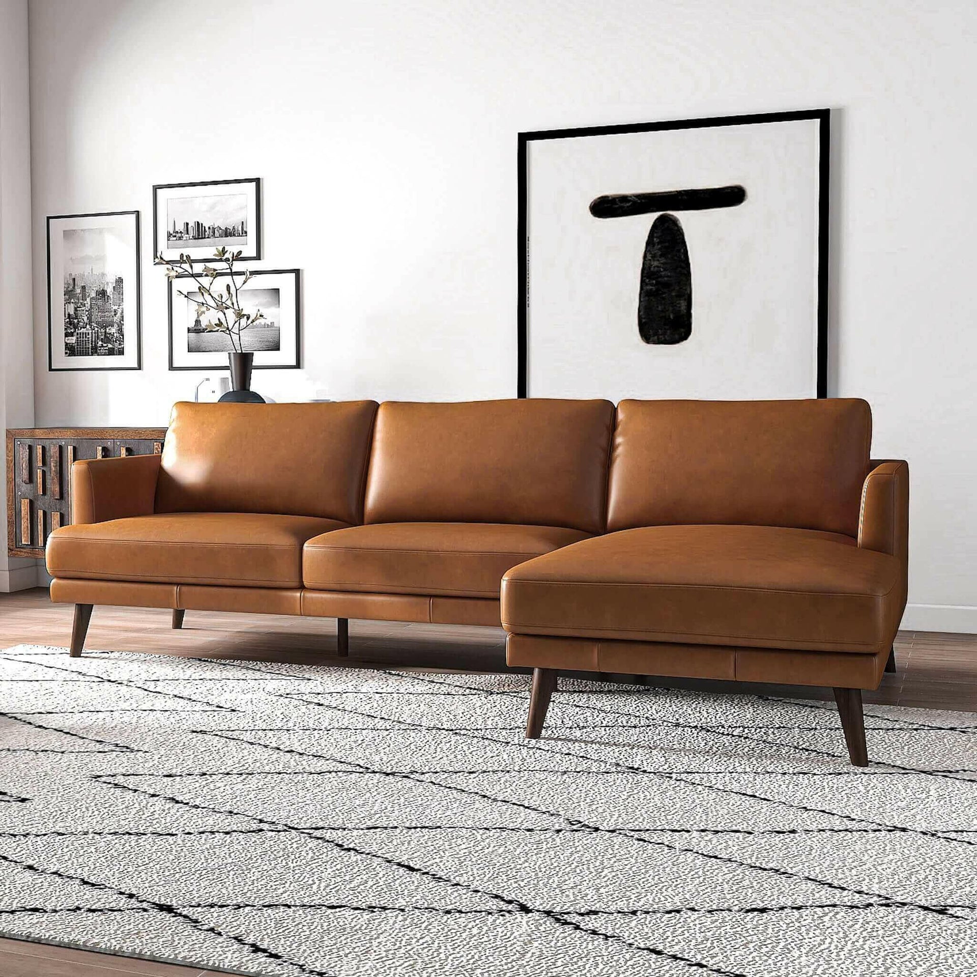 Lore L-Shaped Genuine Leather Sectional In Tan (Right Facing).