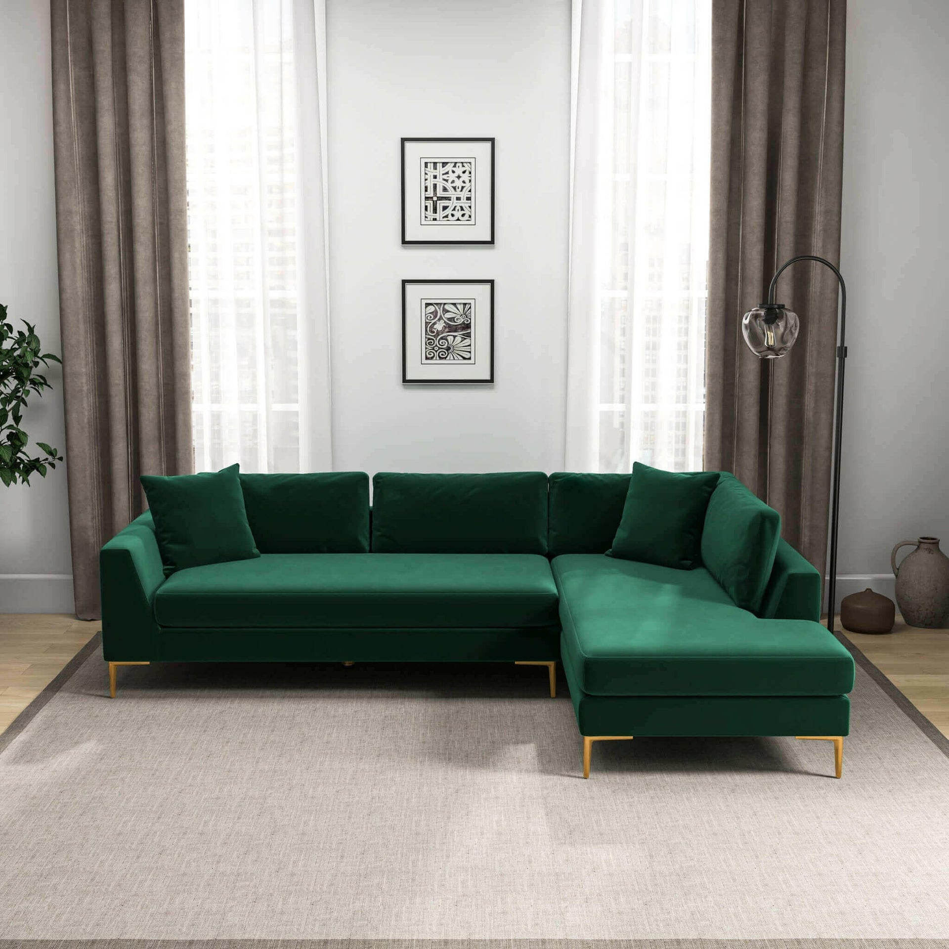 Mano L-Shaped Velvet Sectional Sofa In Green (Right Facing).