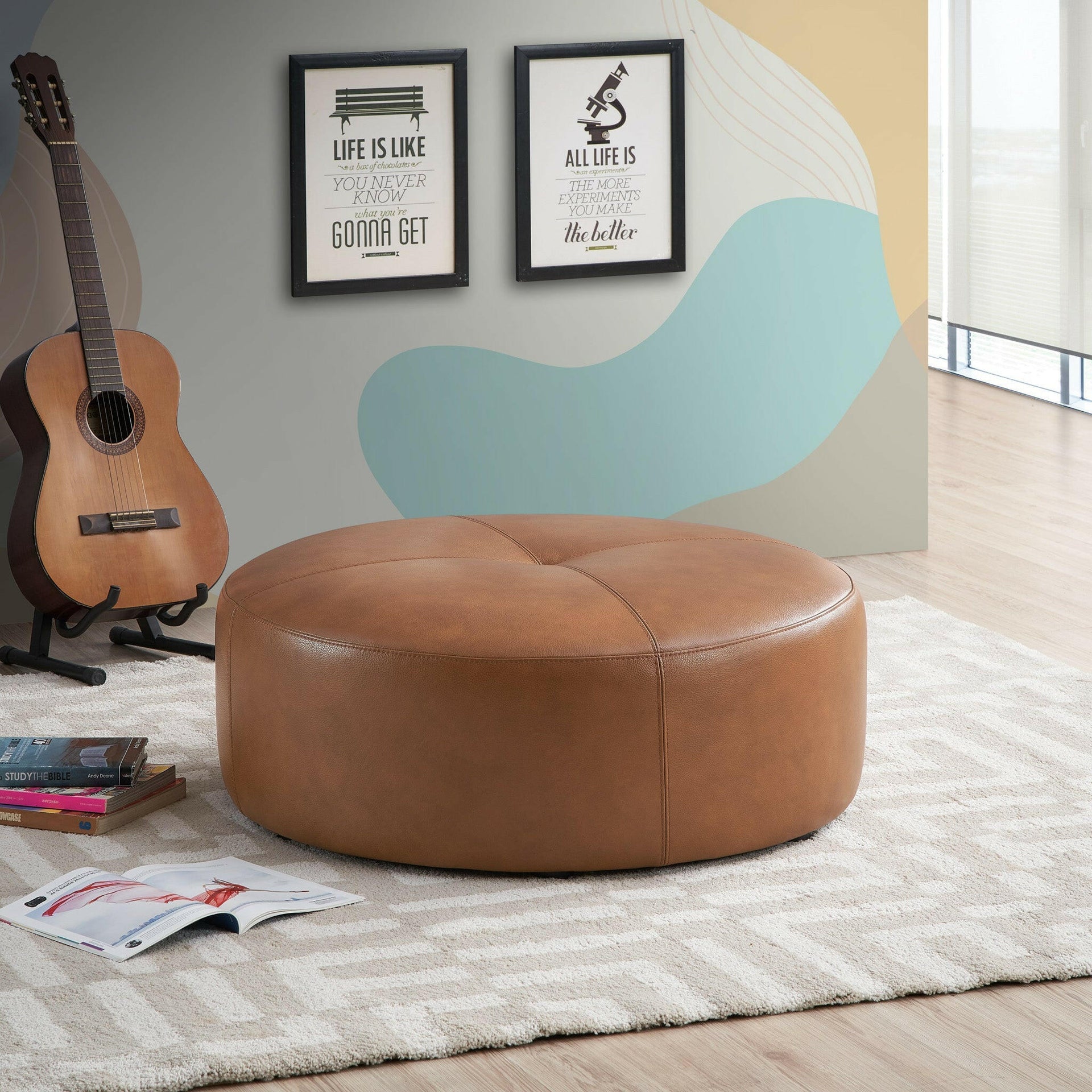 Rochelin Tan Leather Ottoman.