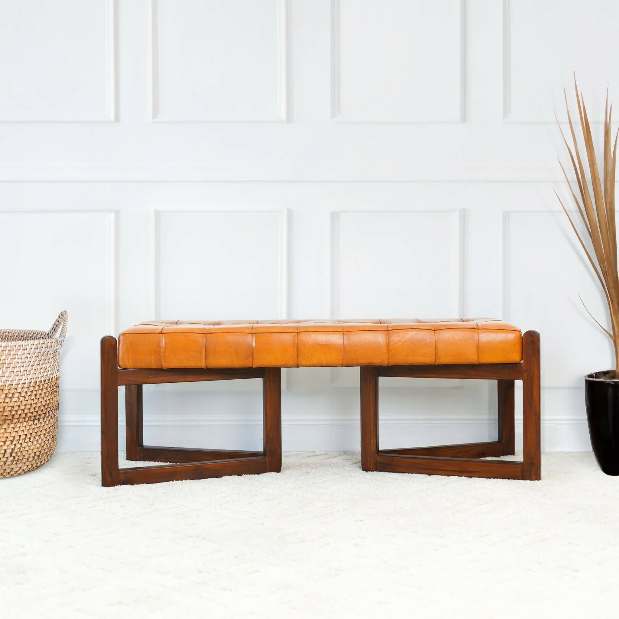 Riley Tan Leather Bench.