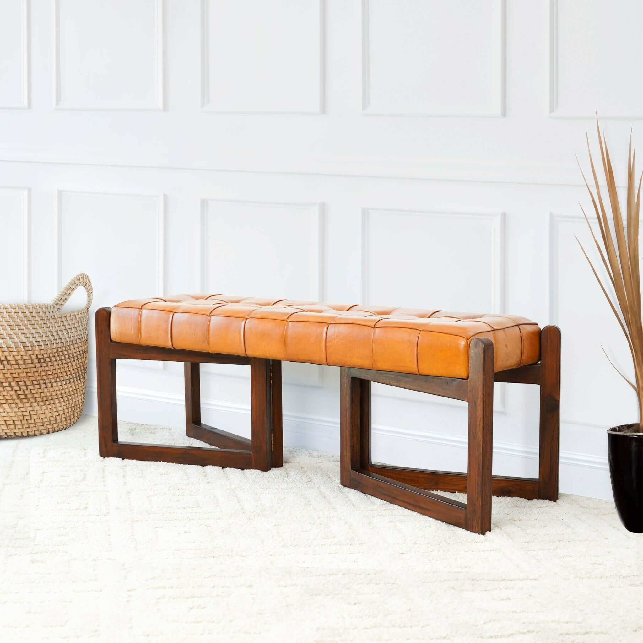 Riley Tan Leather Bench.