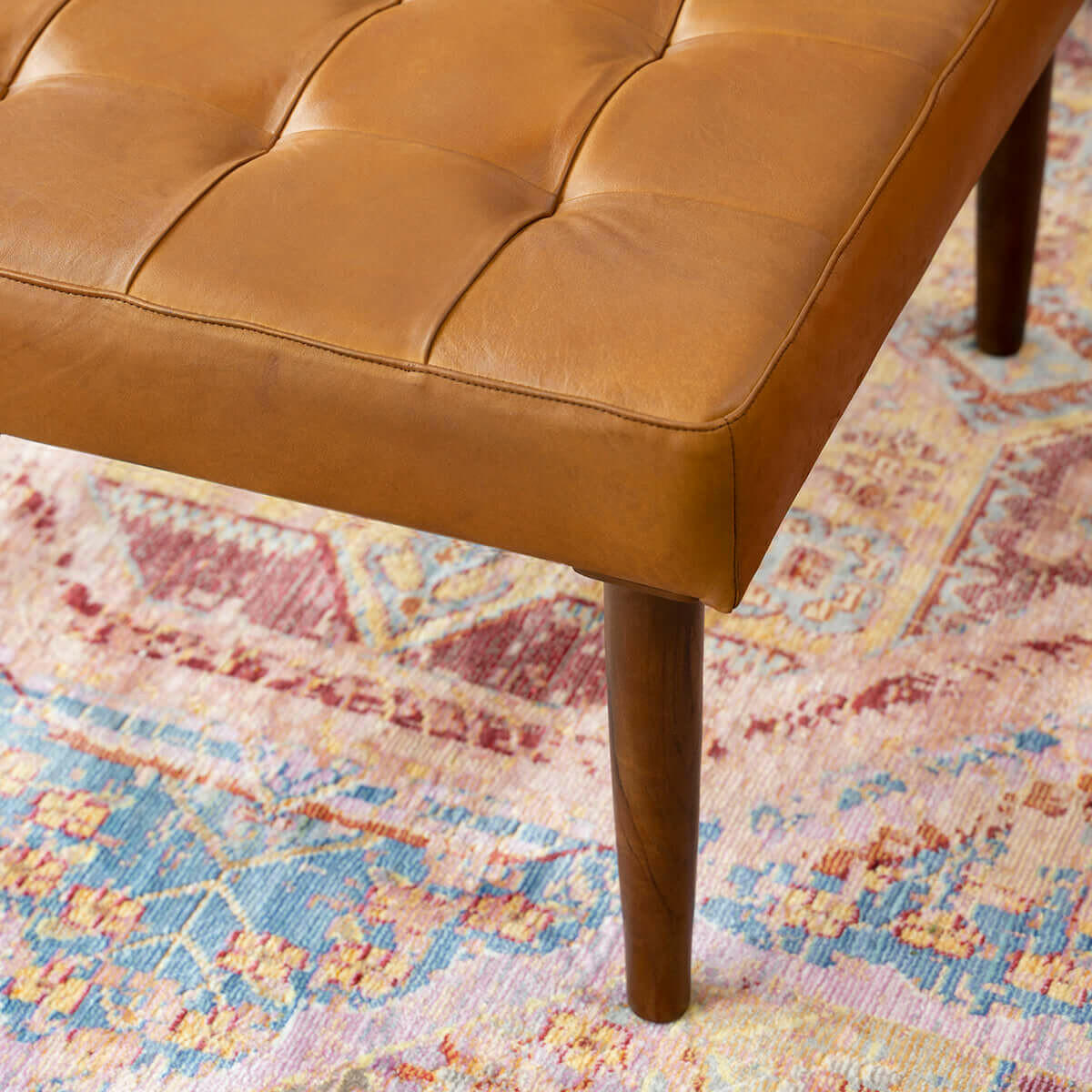 Mark Mid-Century Tufted Square Genuine Leather Upholstered Ottoman In Tan.