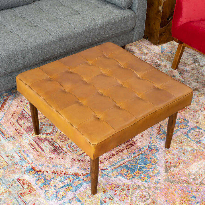 Mark Mid-Century Tufted Square Genuine Leather Upholstered Ottoman In Tan.