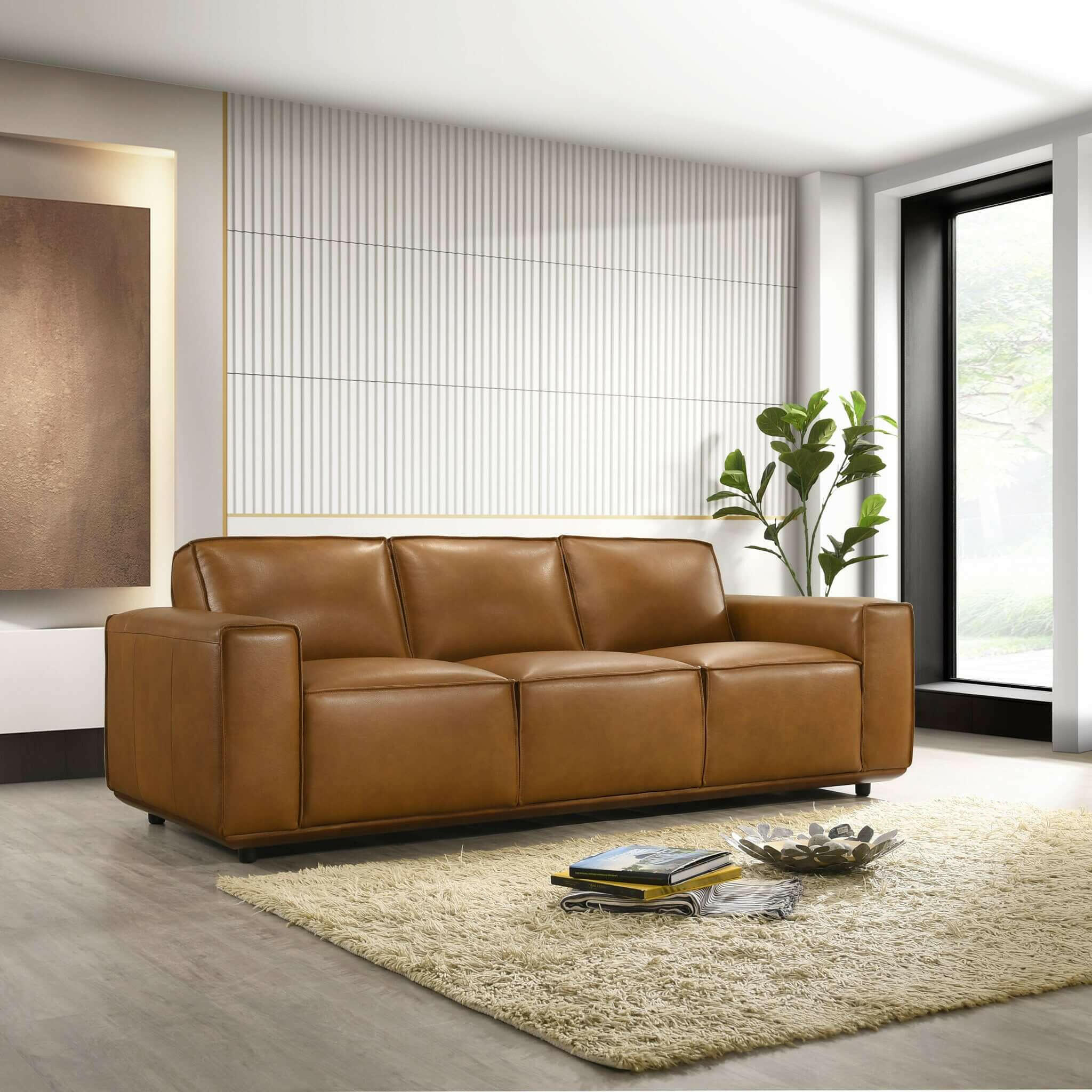 Hanky Genuine Tan Leather Sofa.