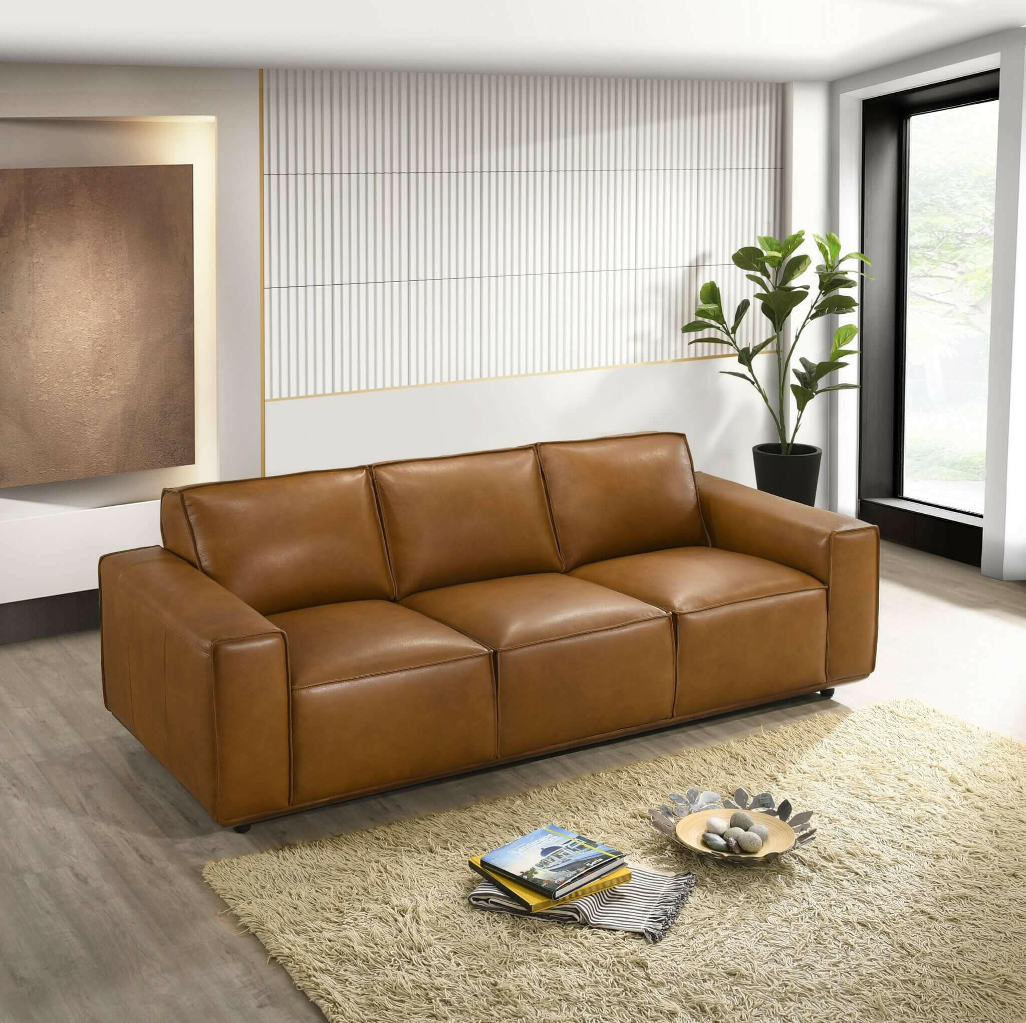 Hanky Genuine Tan Leather Sofa.