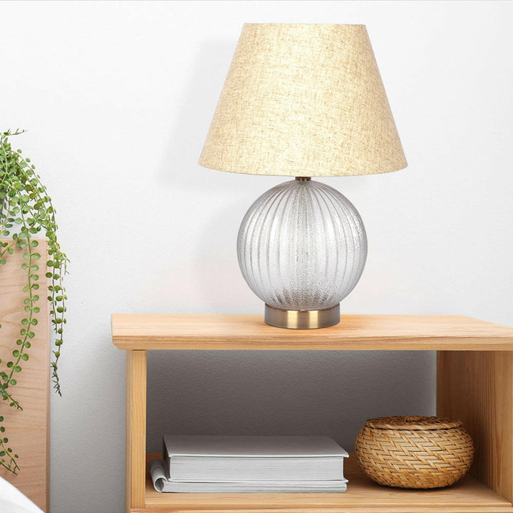 Serenity Round Ribbed Glass Lamp Base Clear Table Lamp Large Linen Shade.