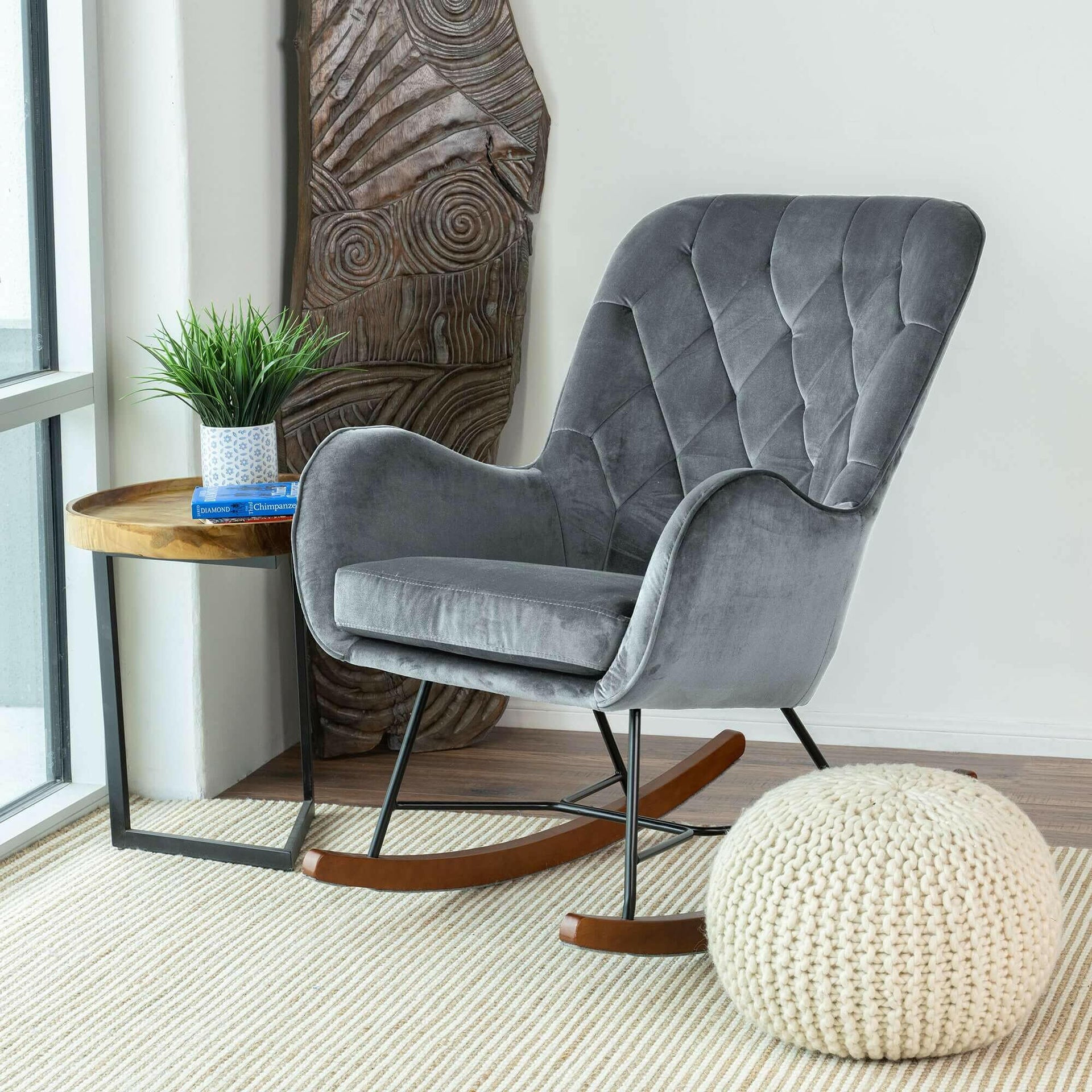 Hannah Mid Century Modern Rocking Chair In Dark Grey.