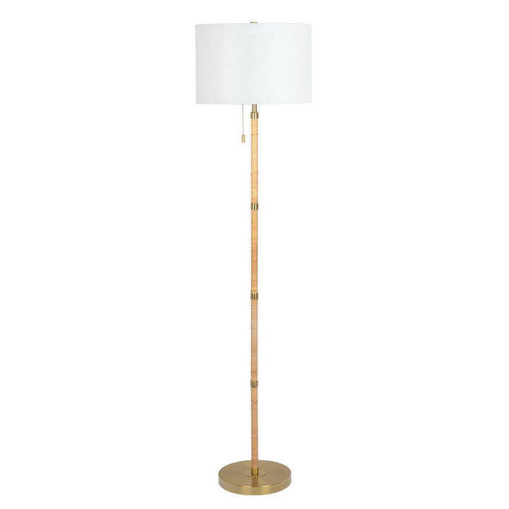 Stellar Wood Rattan Tube , Gold Brass Metal and White Linen Shade Floor Lamp.