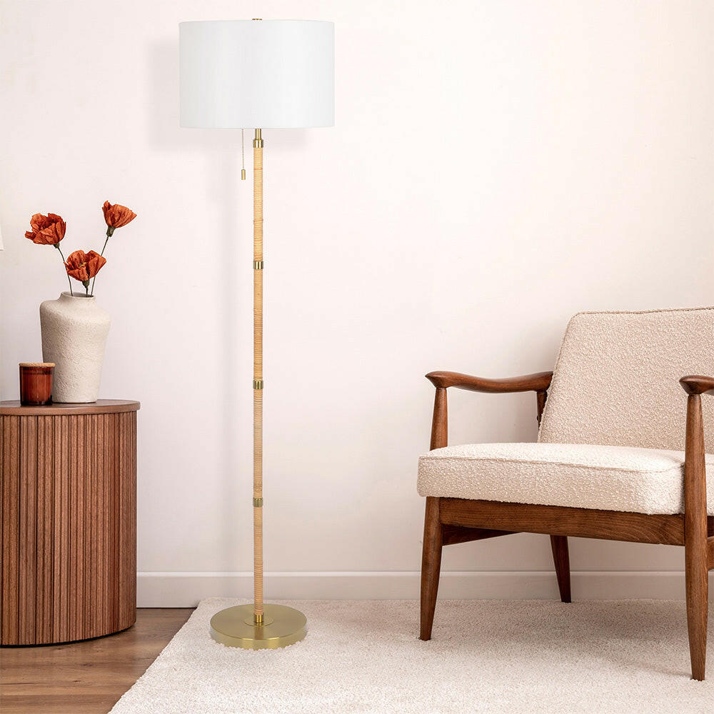 Stellar Wood Rattan Tube , Gold Brass Metal and White Linen Shade Floor Lamp.