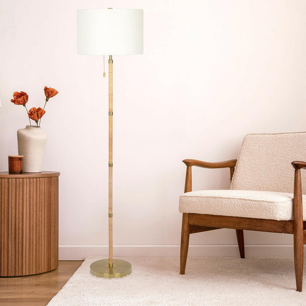 Stellar Wood Rattan Tube , Gold Brass Metal and White Linen Shade Floor Lamp.