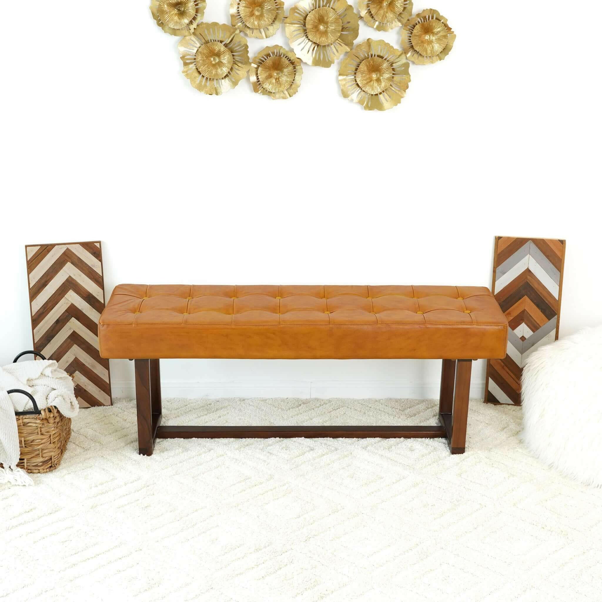 Cameron Tan Leather Bench.