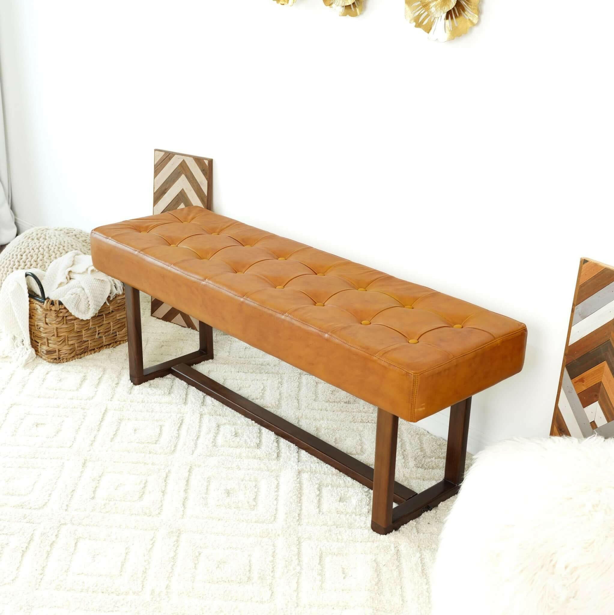 Cameron Tan Leather Bench.