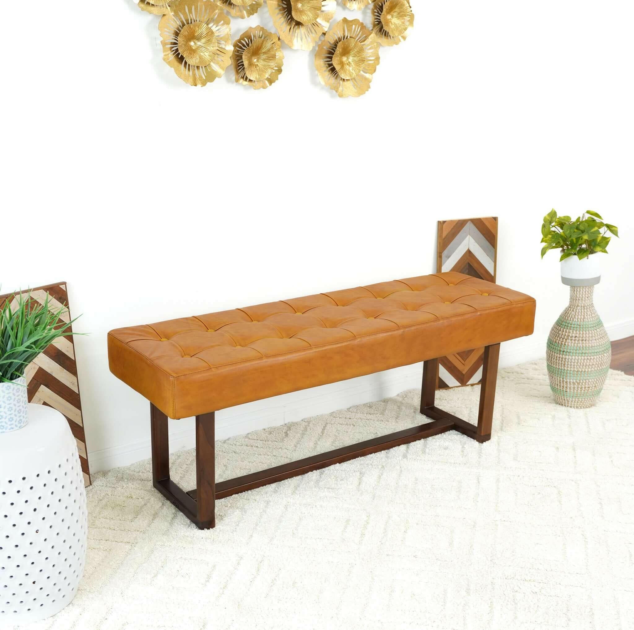 Cameron Tan Leather Bench.