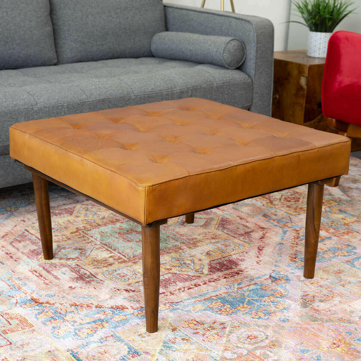 Mark Mid-Century Tufted Square Genuine Leather Upholstered Ottoman In Tan.