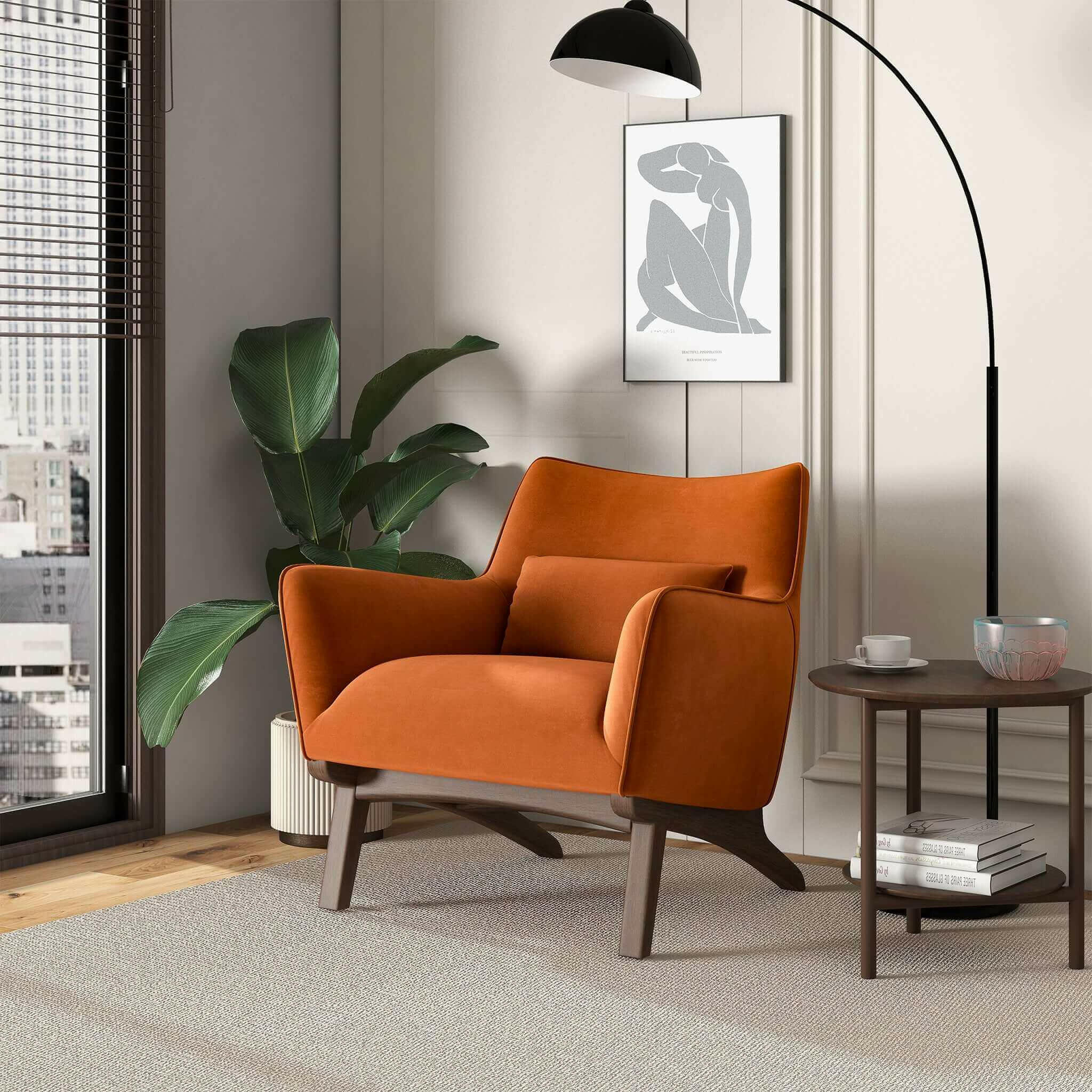 Brayden Mid Century Modern Burnt Orange Velvet Armchair.