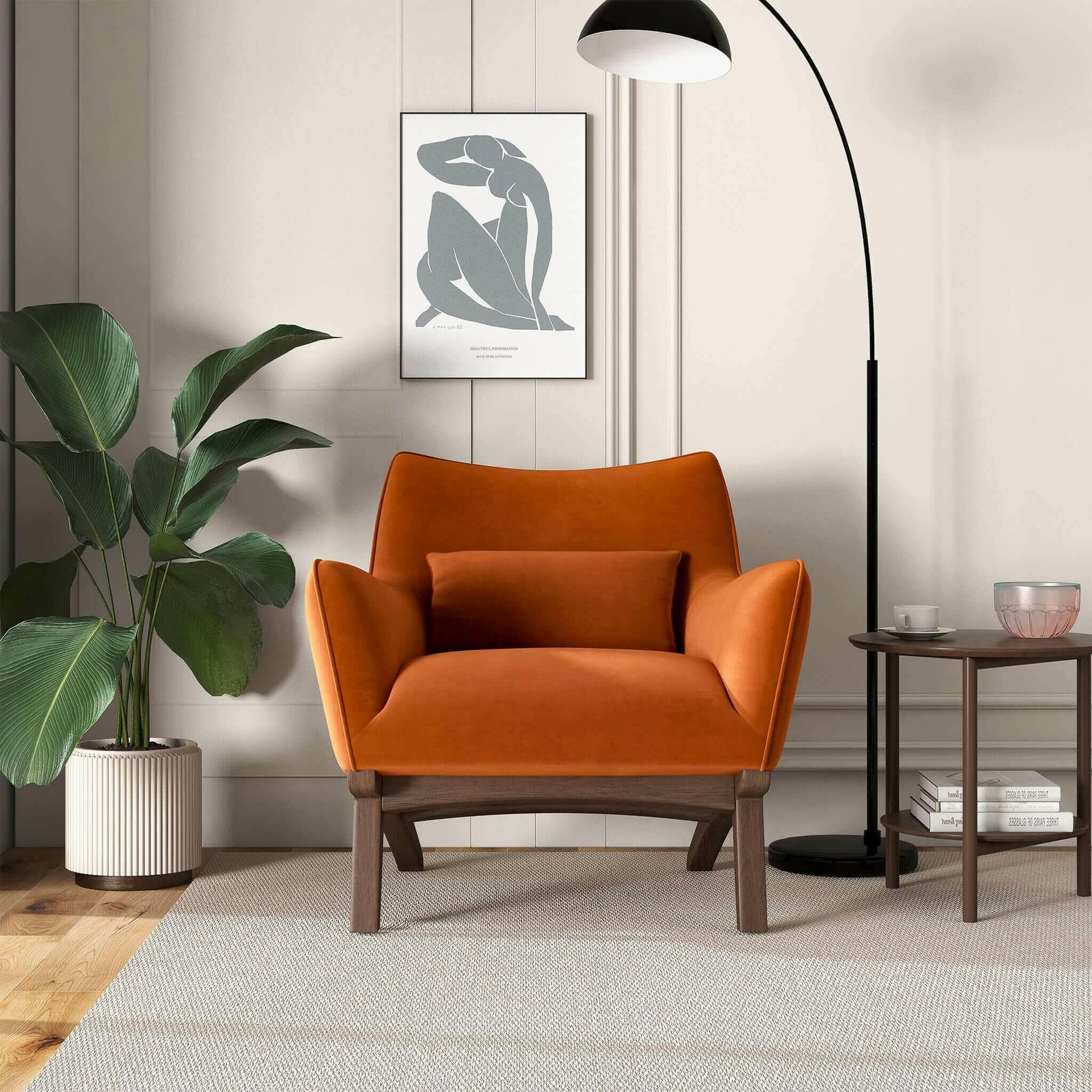 Brayden Mid Century Modern Burnt Orange Velvet Armchair.