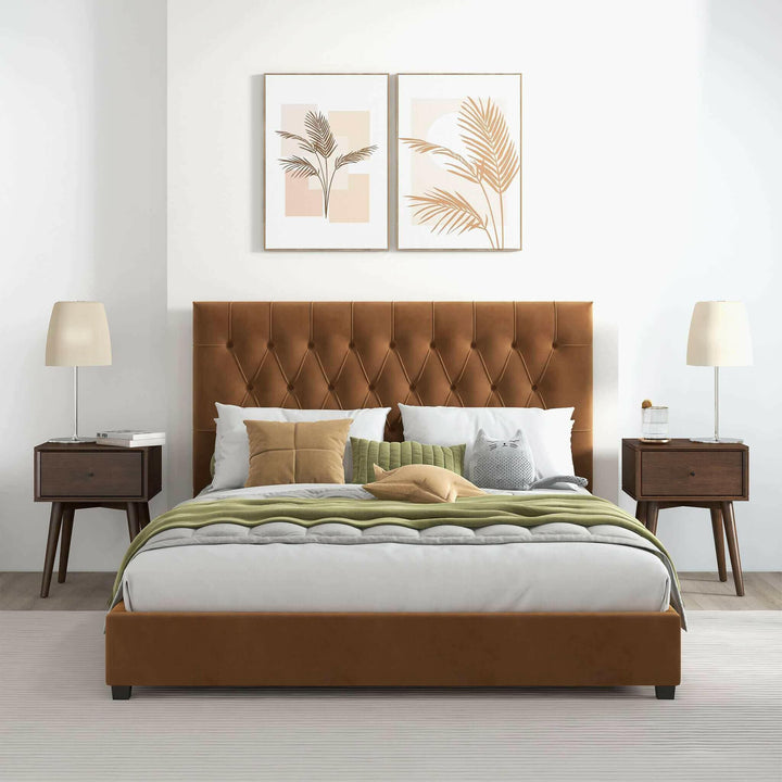 Donald Mid Century Modern Cognac Velvet Queen Platform Bed.