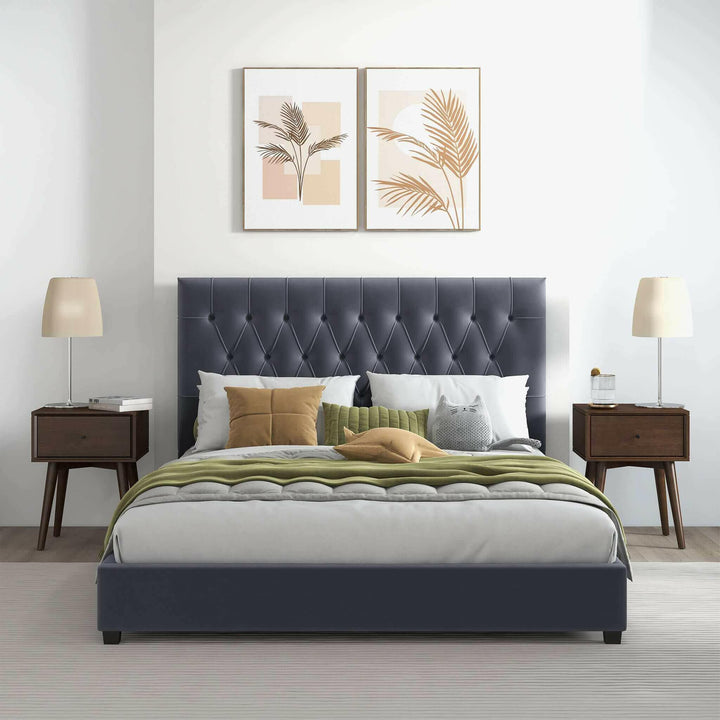 Donald Mid Century Modern Grey Velvet King Platform Bed.