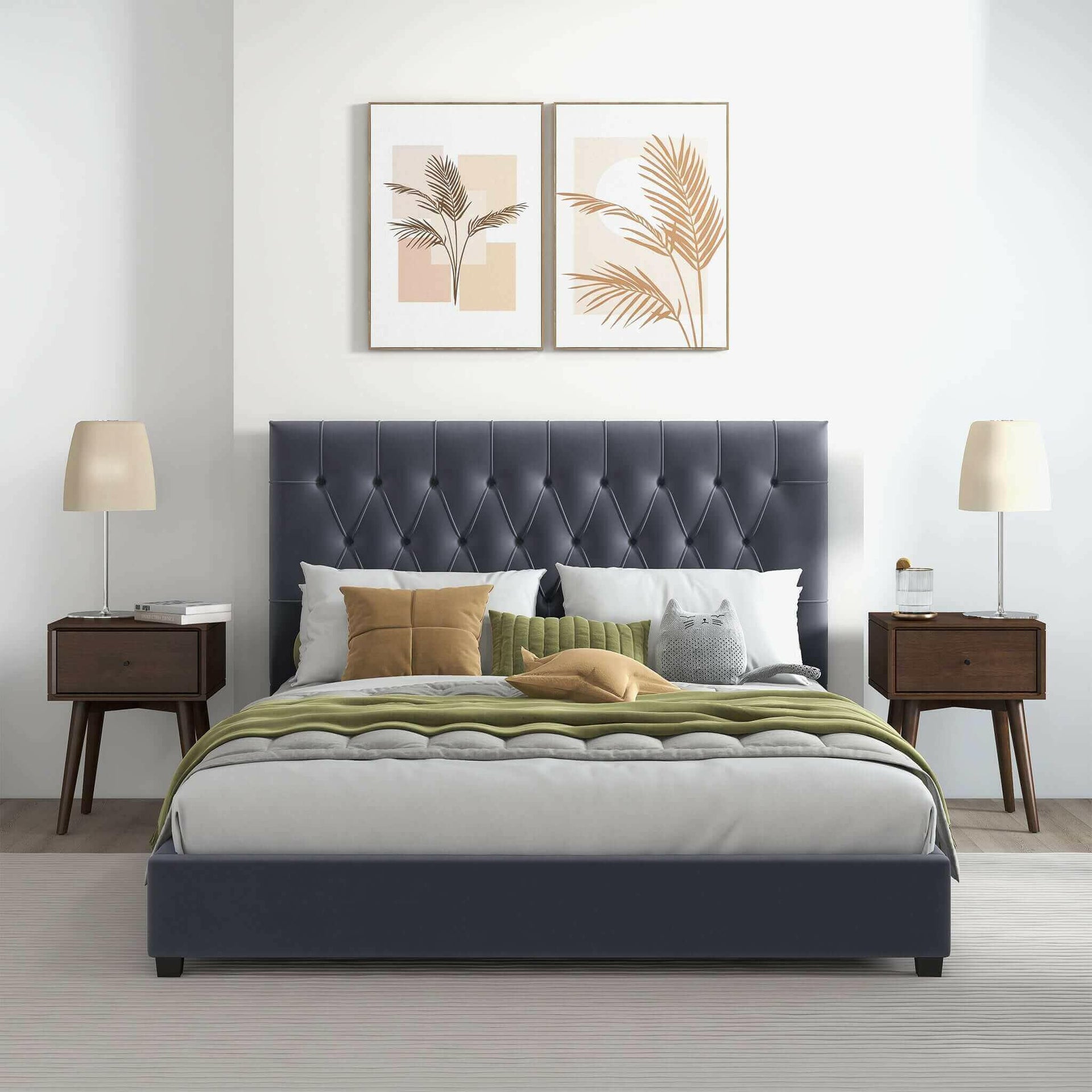 Donald Mid Century Modern Grey Velvet Queen Platform Bed.