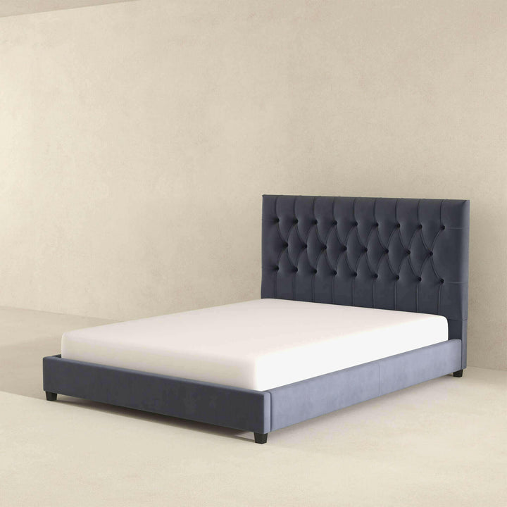 Donald Mid Century Modern Grey Velvet King Platform Bed.