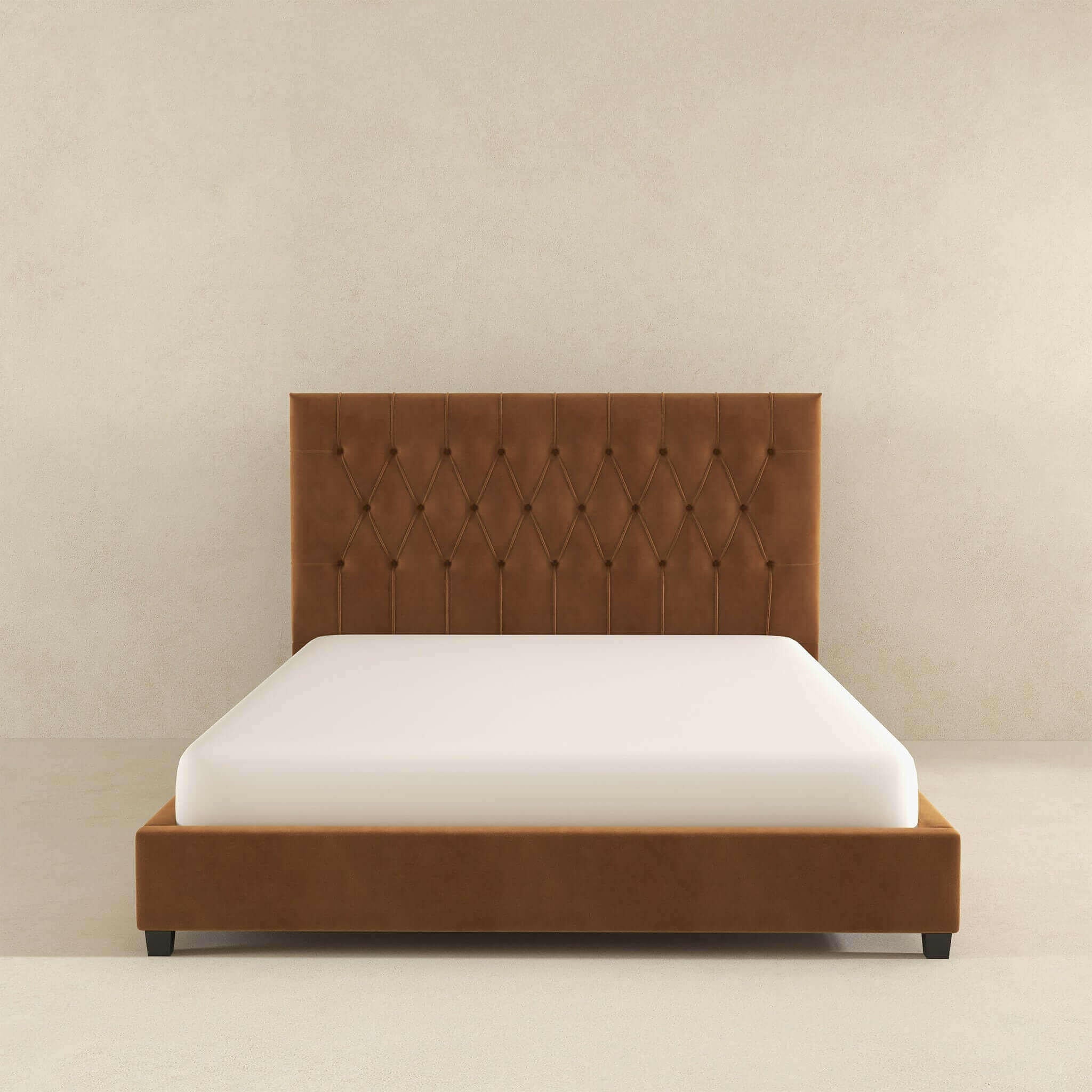 Donald Mid Century Modern Cognac Velvet Queen Platform Bed.