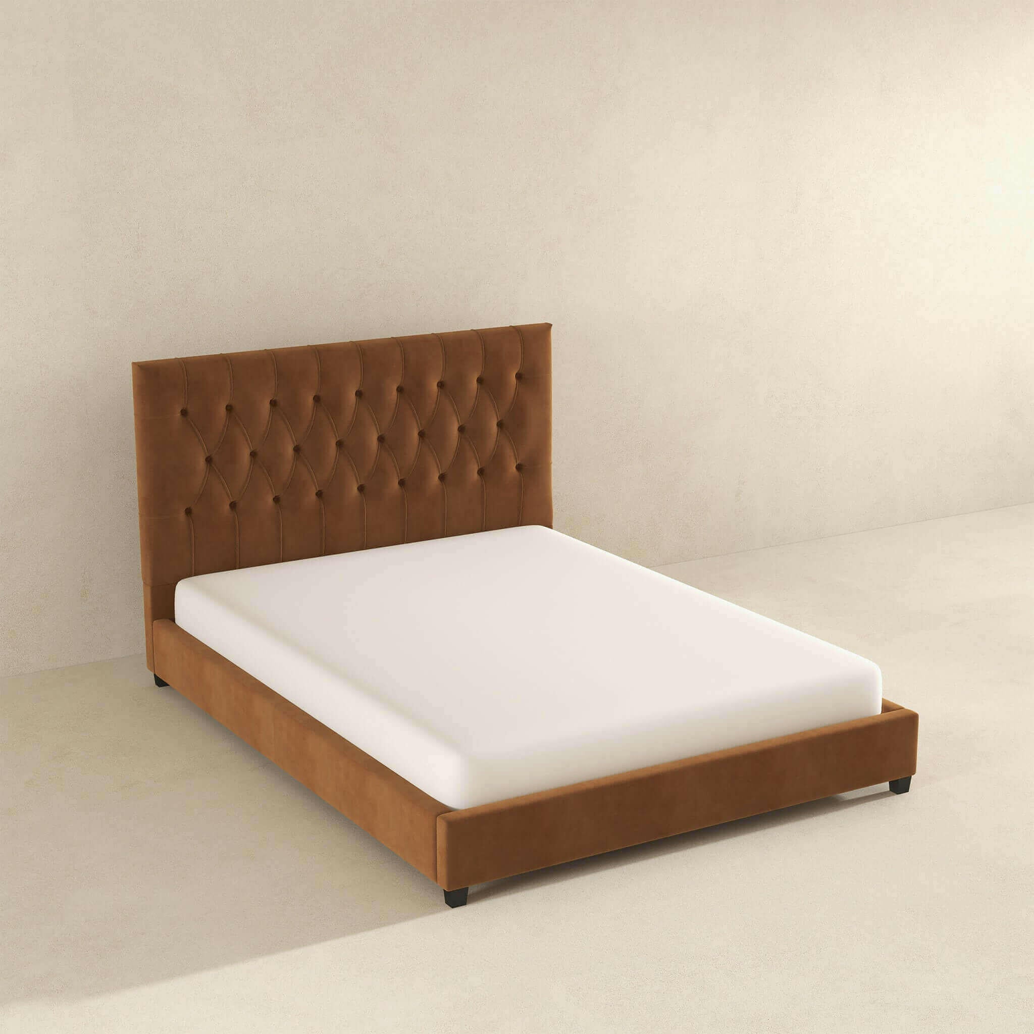 Donald Mid Century Modern Cognac Velvet Queen Platform Bed.