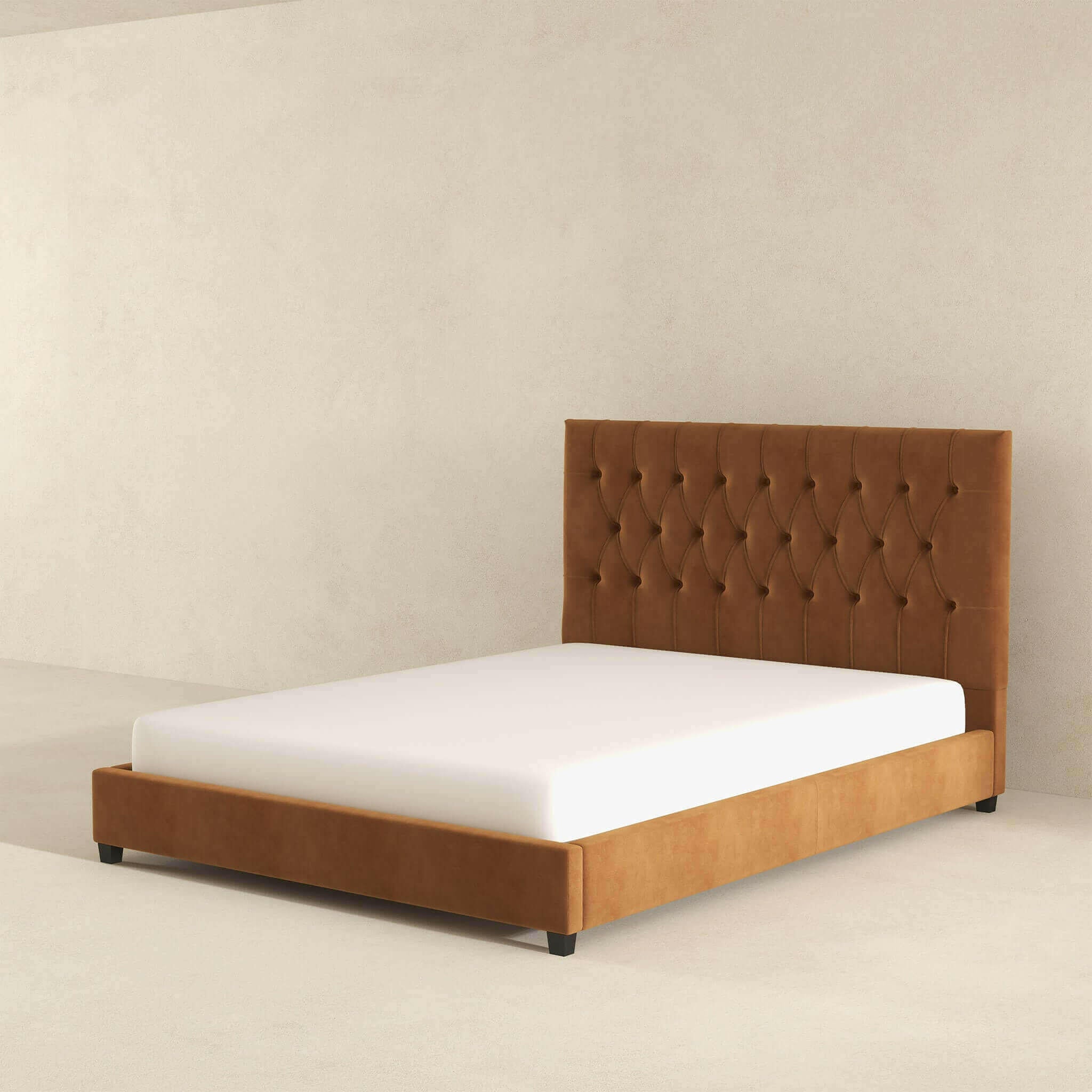 Donald Mid Century Modern Cognac Velvet Queen Platform Bed.