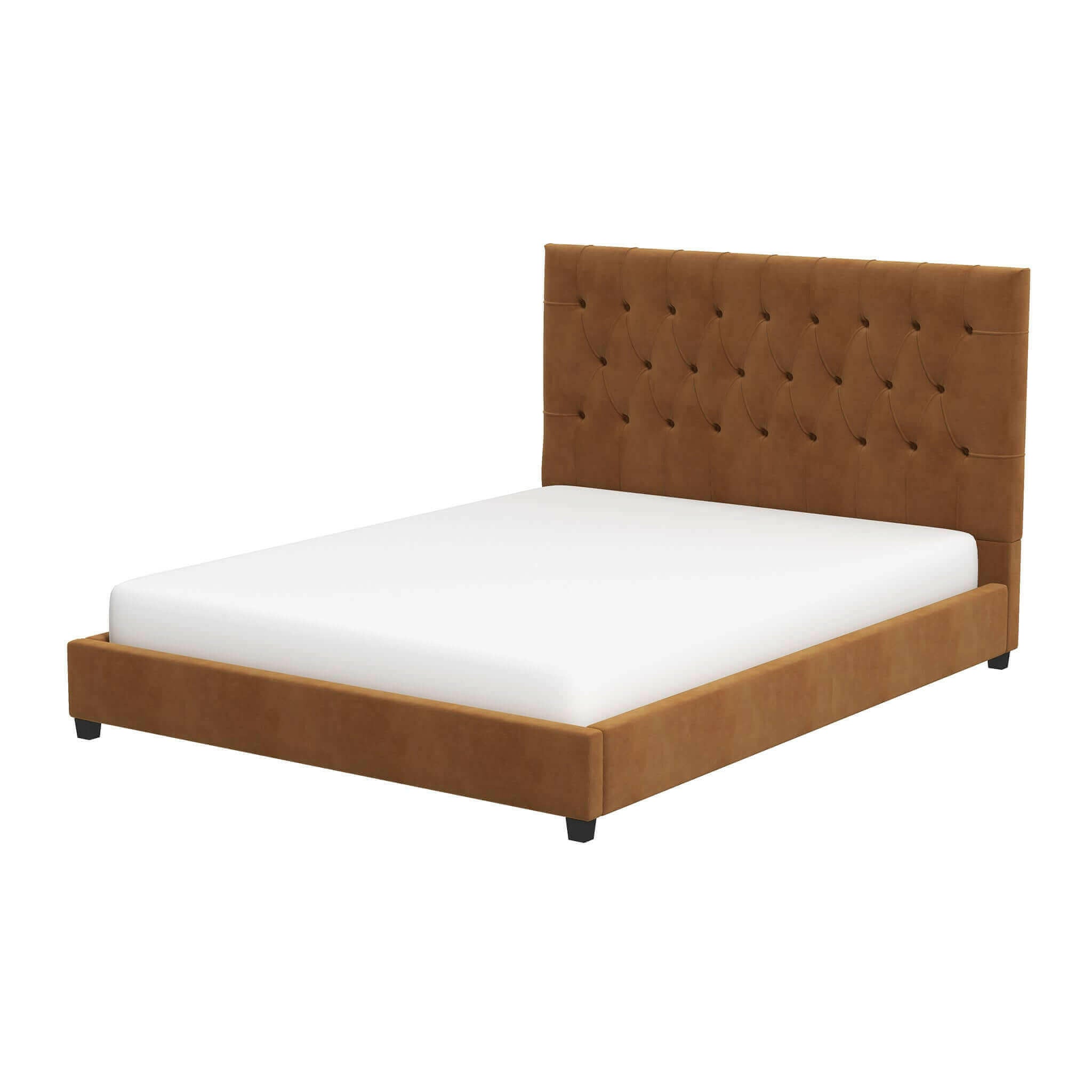 Donald Mid Century Modern Cognac Velvet Queen Platform Bed.