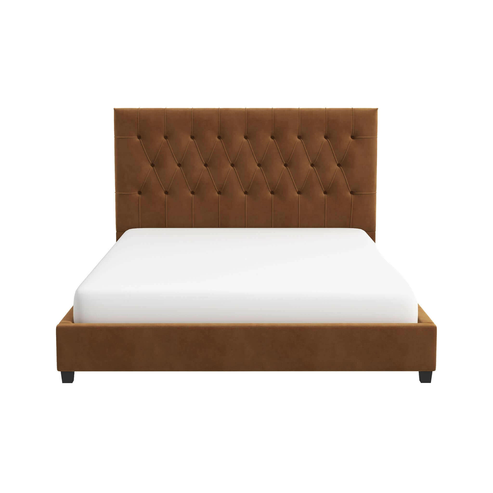 Donald Mid Century Modern Cognac Velvet Queen Platform Bed.