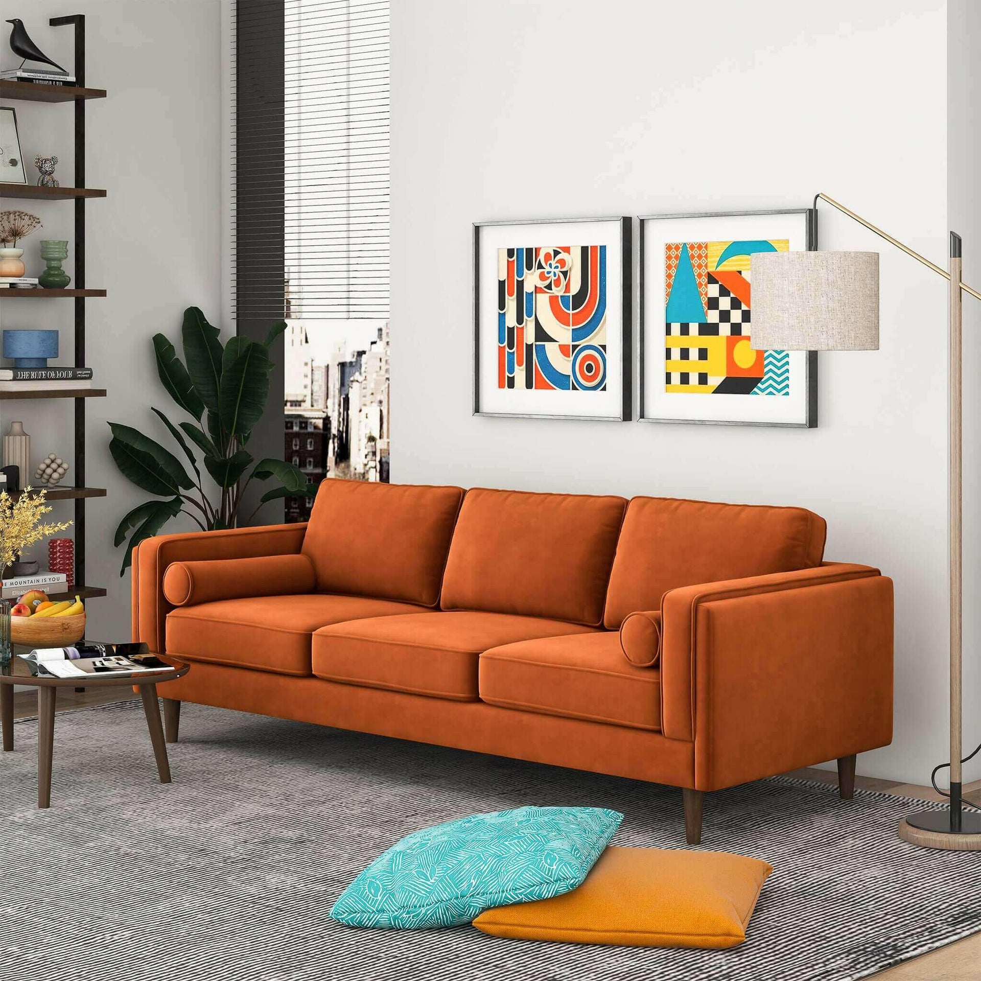 Amber Mid Century Modern Burnt Orange Luxury Modern Velvet Sofa.