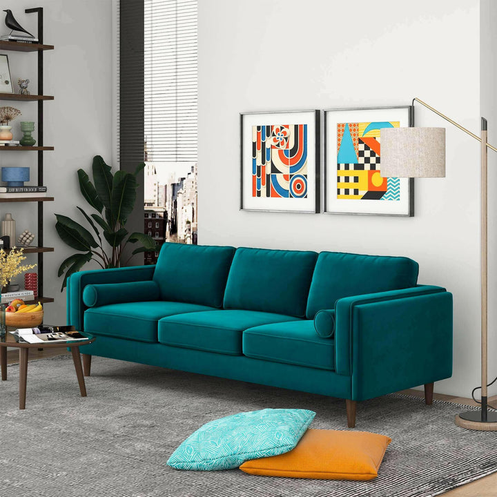 Amber Mid Century Modern Teal Luxury Modern Velvet Sofa.