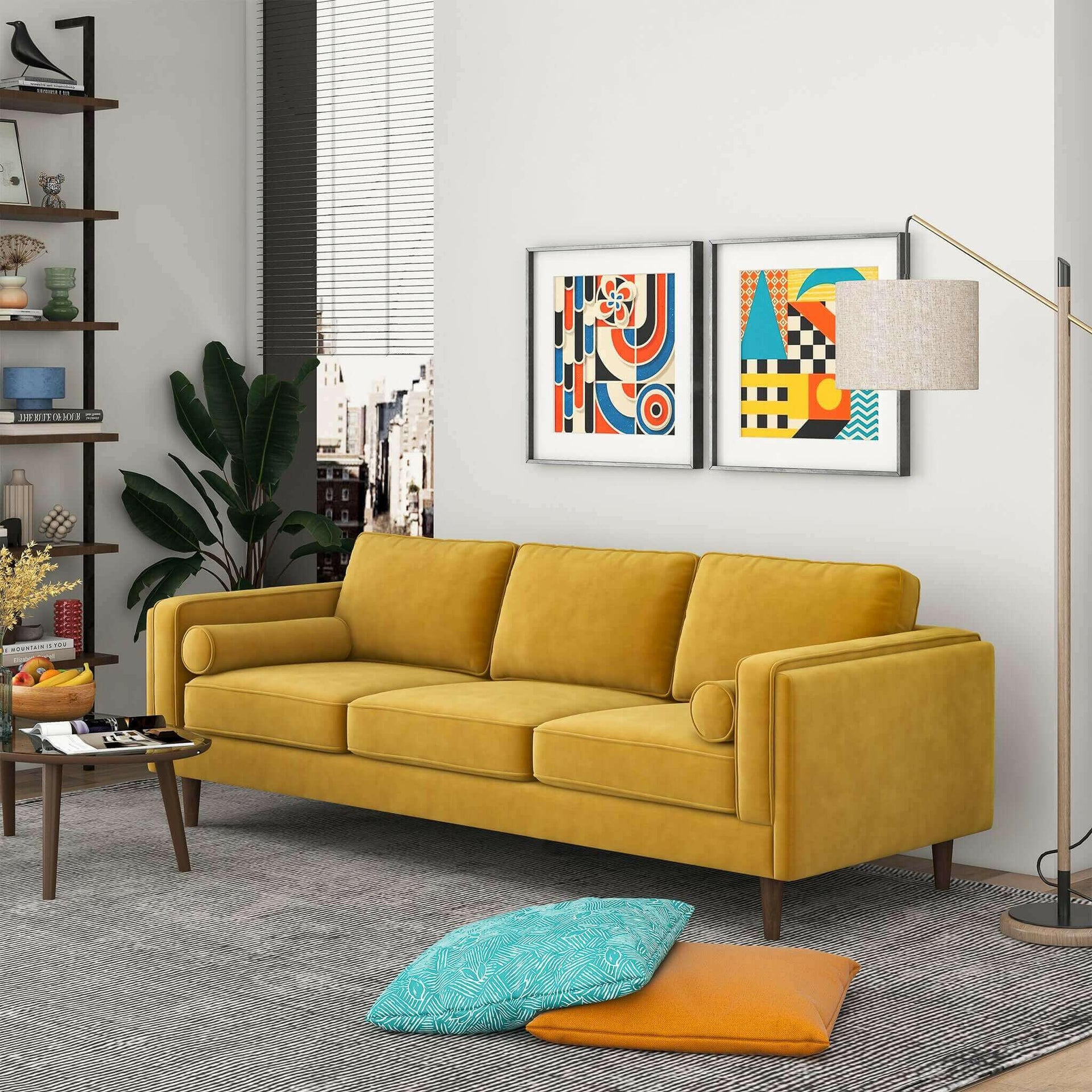 Amber Mid Century Modern Yellow Luxury Modern Velvet Sofa.