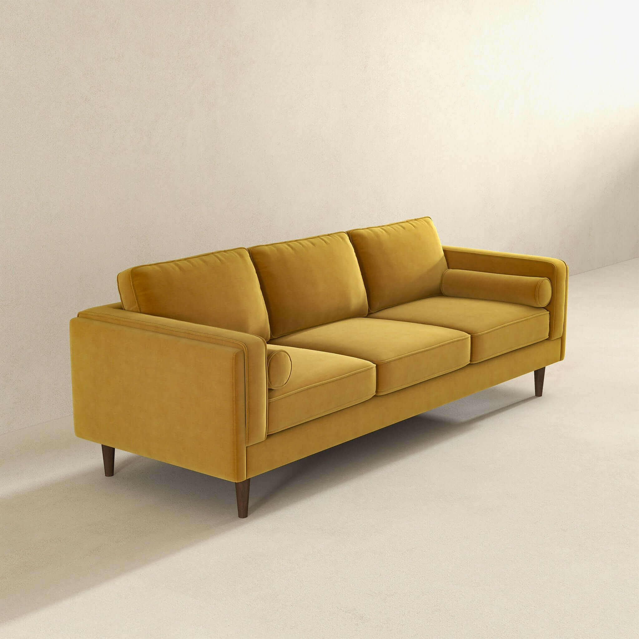 Amber Mid Century Modern Yellow Luxury Modern Velvet Sofa.