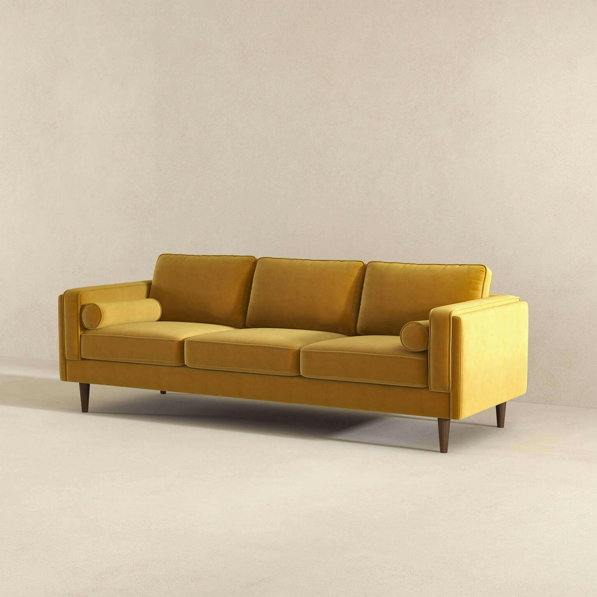 Amber Mid Century Modern Yellow Luxury Modern Velvet Sofa.