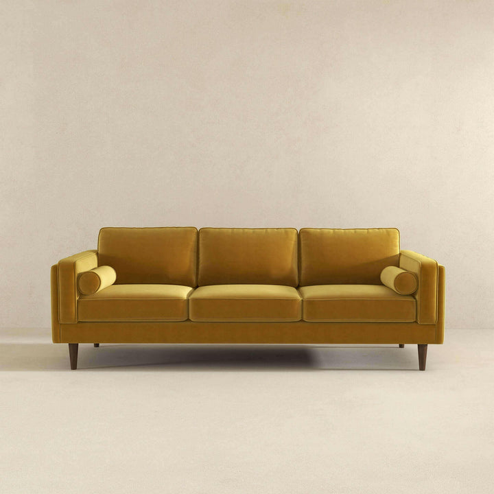 Amber Mid Century Modern Yellow Luxury Modern Velvet Sofa.