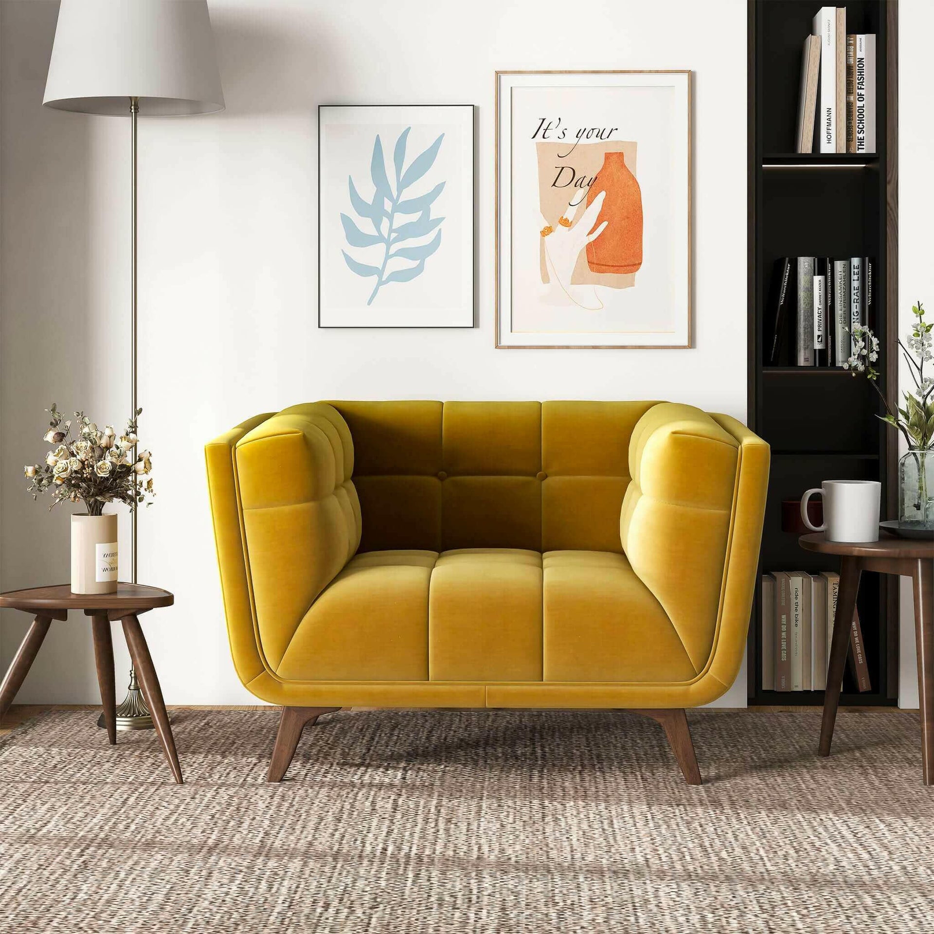 Addison Mid Century Modern Gold Velvet Lounge Chair.