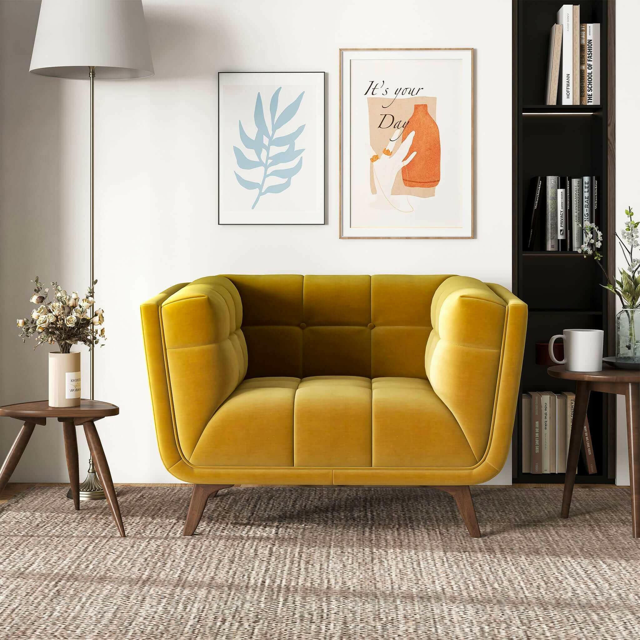 Addison Mid Century Modern Gold Velvet Lounge Chair.