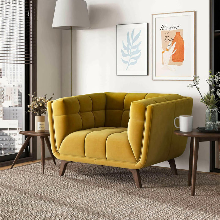 Addison Mid Century Modern Gold Velvet Lounge Chair.