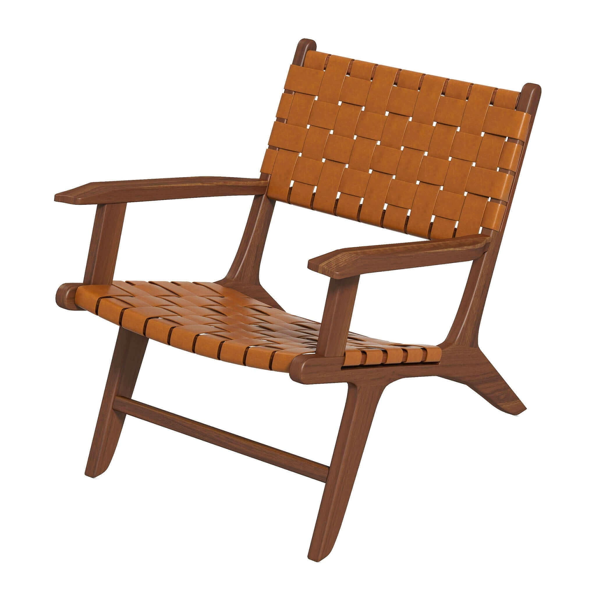 Melody Tan Strap Leather Teak Wood Lounge Chair.