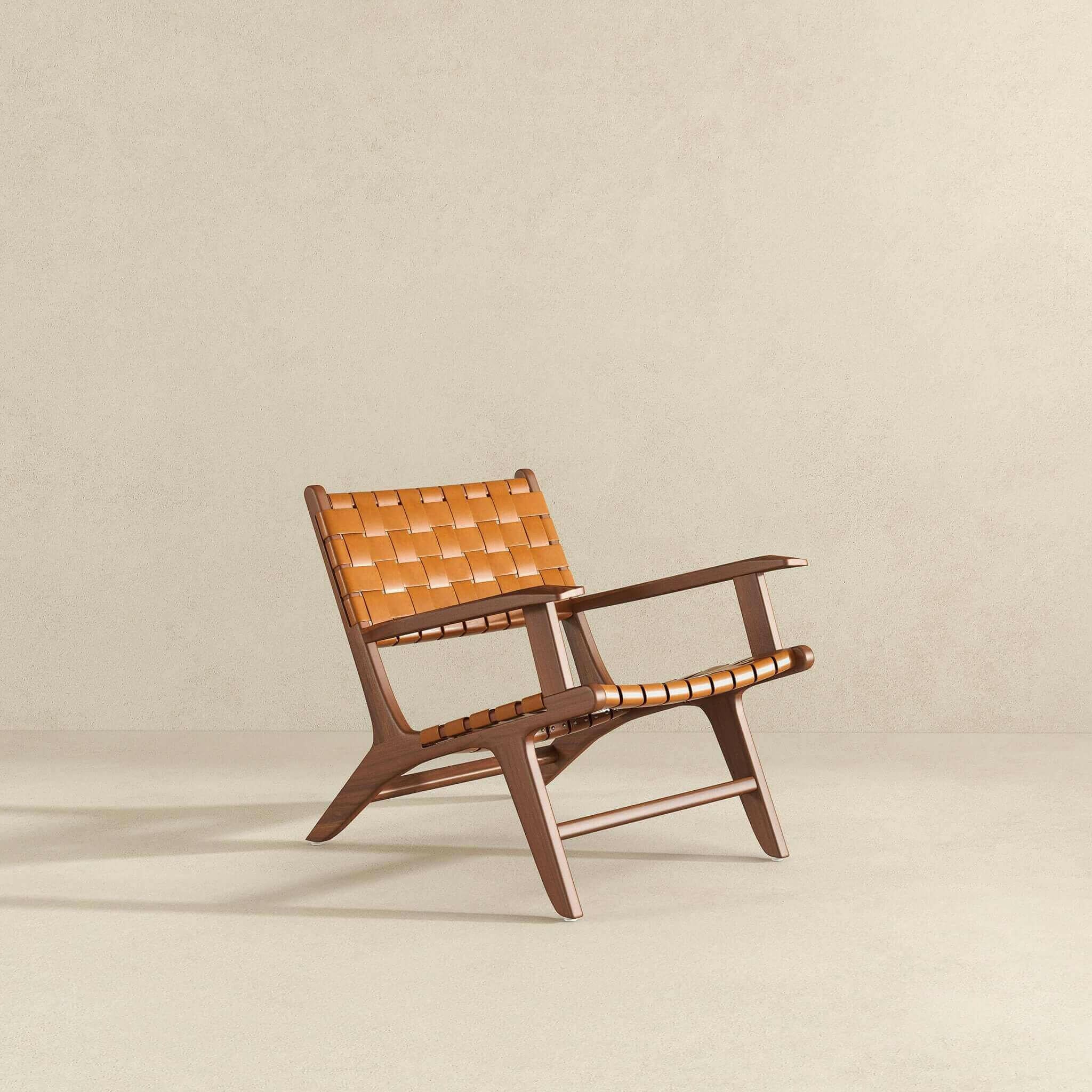 Melody Tan Strap Leather Teak Wood Lounge Chair.