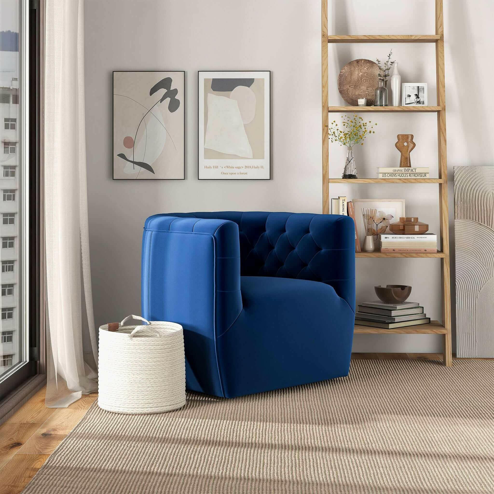 Delaney Dark Blue Velvet Swivel Chair.