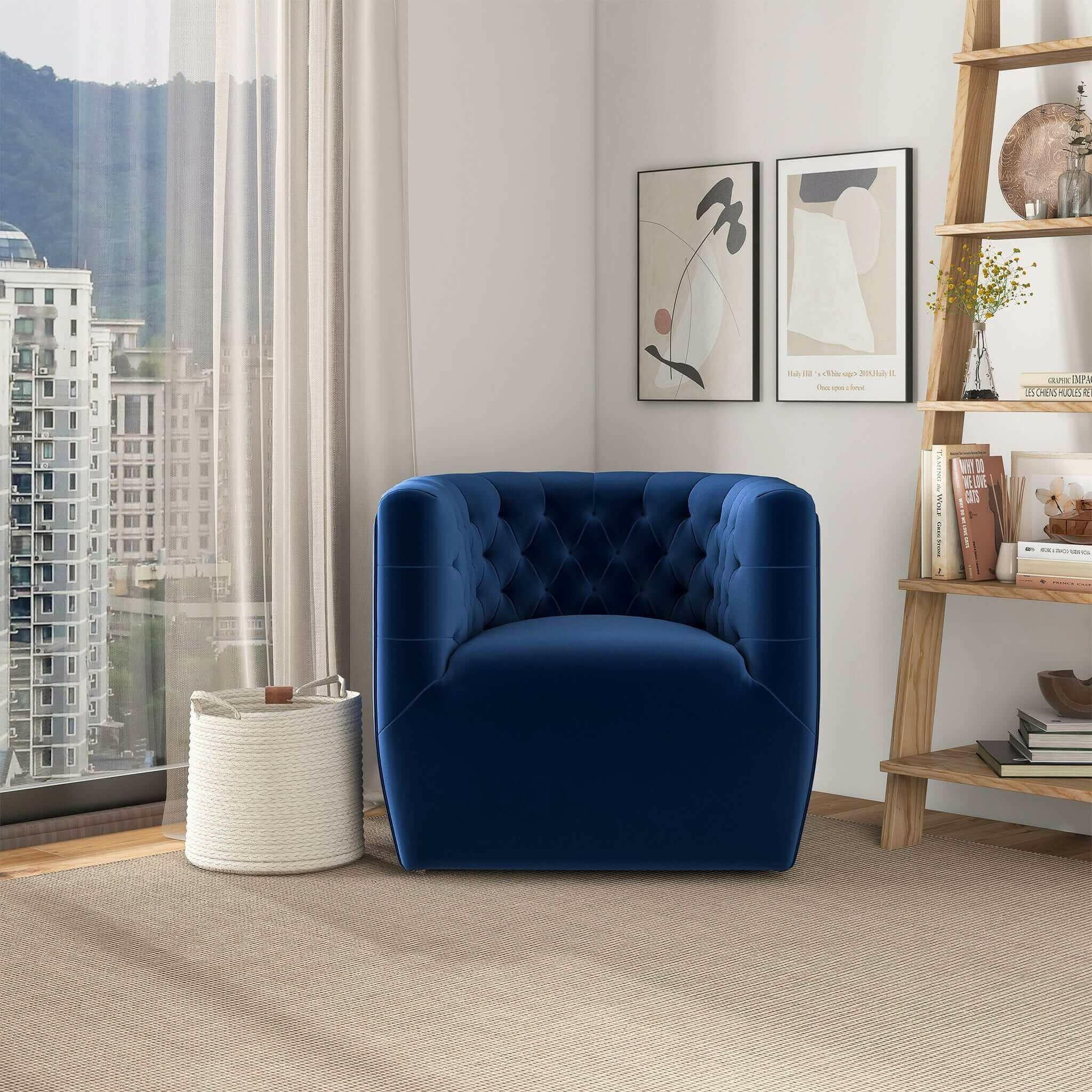 Delaney Dark Blue Velvet Swivel Chair.