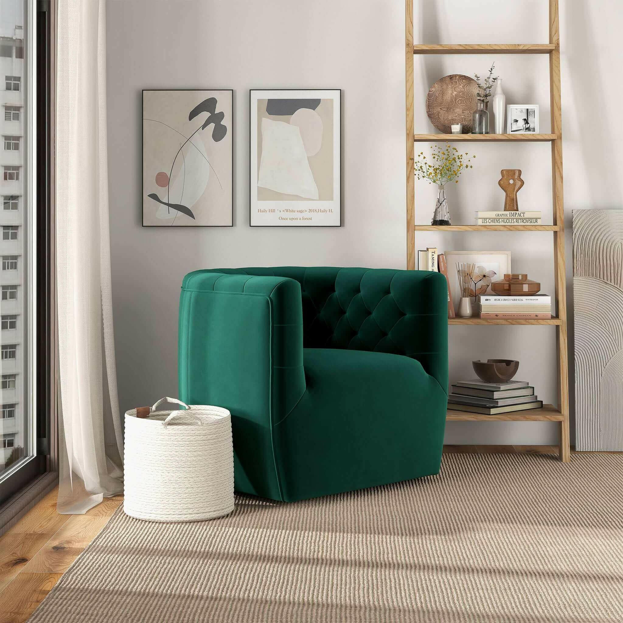 Delaney Green Velvet Swivel Chair.