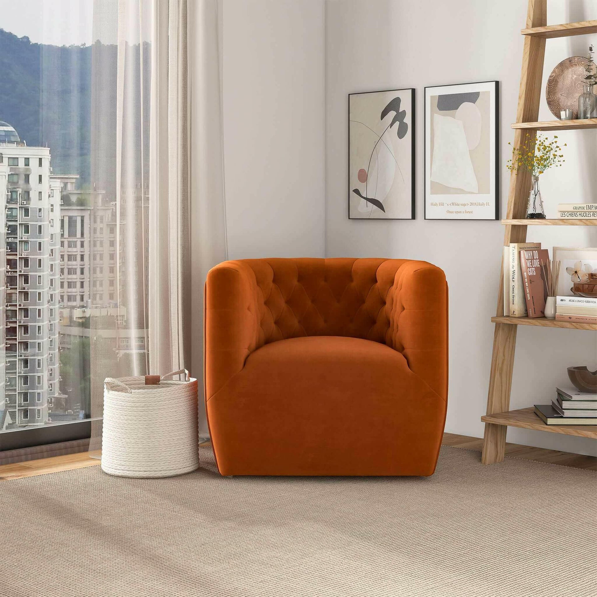 Delaney Burnt Orange Velvet Swivel Chair.