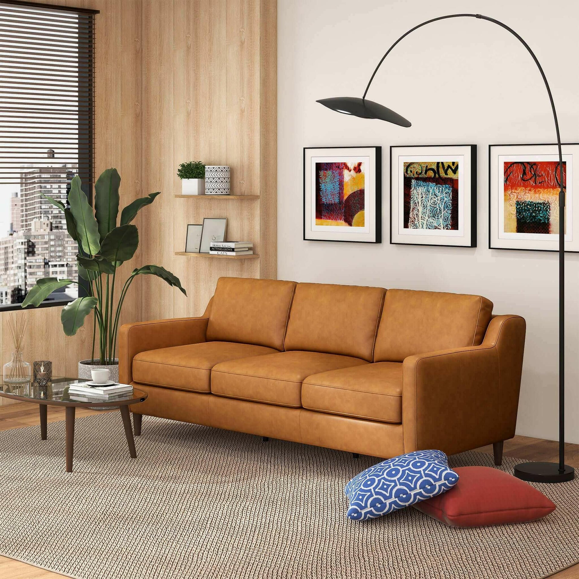 Cooper Mid Century Modern Tan Leather Sofa.